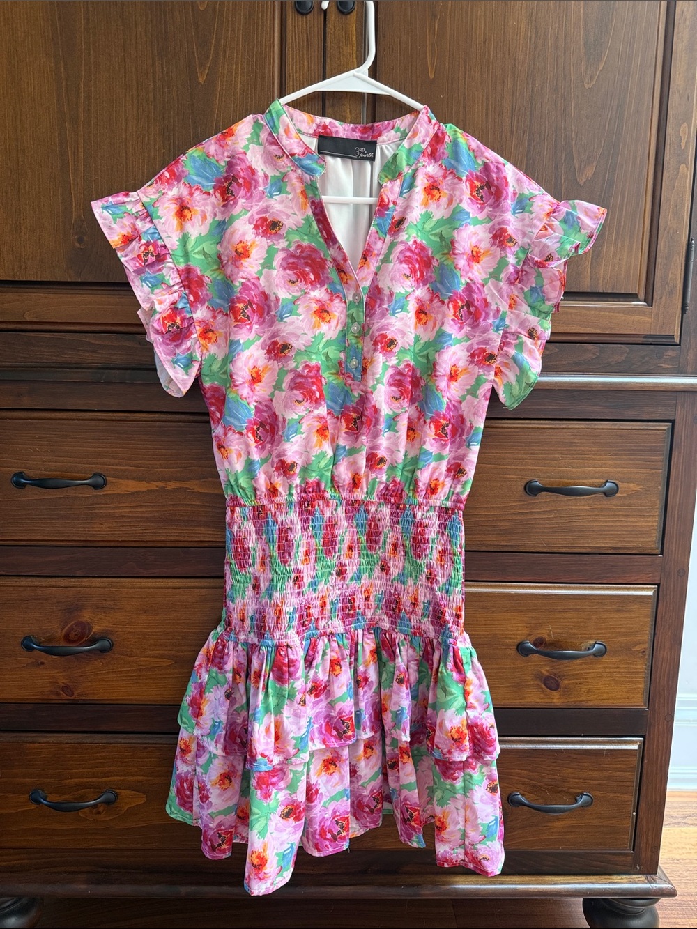 3rd + fourth Pink, Green & Blue Floral Smocked Waist Dress